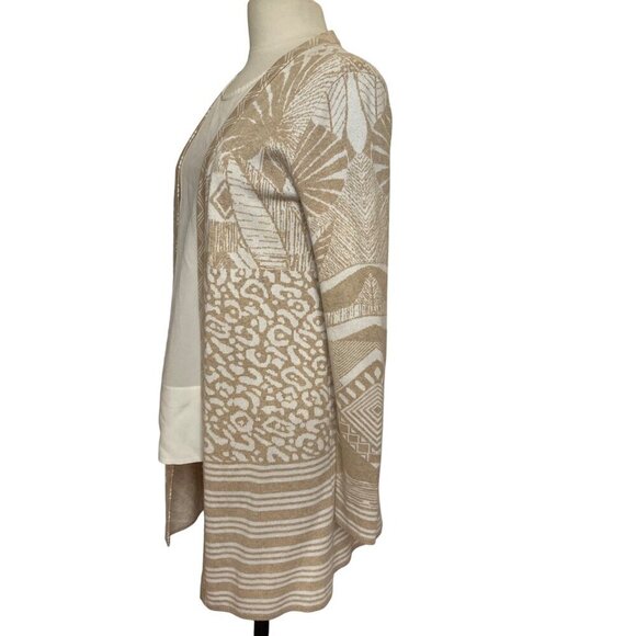 J McLaughlin Open Cardigan Sweater XS Palm Tropical Leopard Beige Cotton Blend - Picture 3 of 7